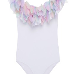 White draped swimsuit with Unicorn Petals