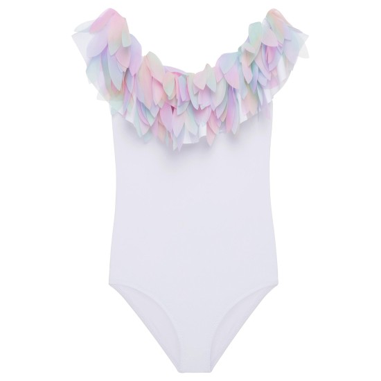 White draped swimsuit with Unicorn Petals