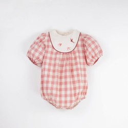 Embroidered Romper Suit w/ Yoke  Pink check