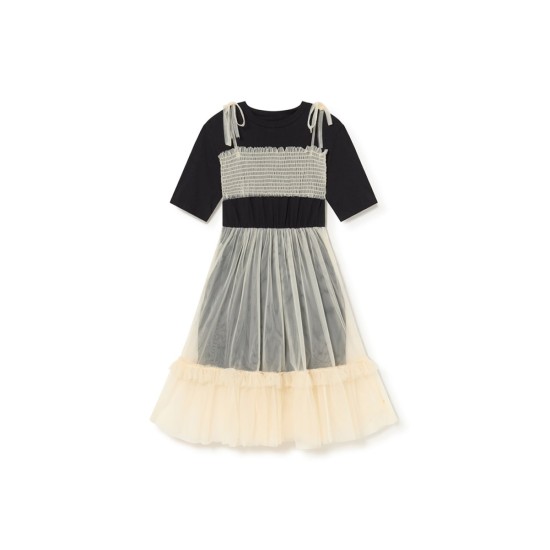 Wednesday Tulle Top T-Shirt Dress-cream-black