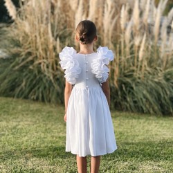 Linen Dress with Ruffles on the Shoulderwhite