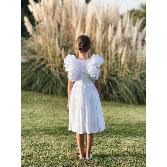 Linen Dress with Ruffles on the Shoulderwhite