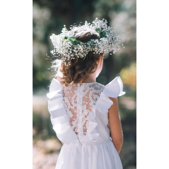 Linen Dress with Lace and Ruffleswhite