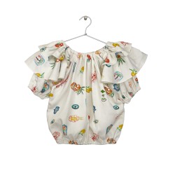 MEDITERRANEAN-PRINT RUFFLED TOP  OFF-WHITE